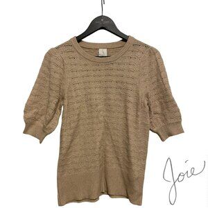 Joie Women Sweater Small Beige Cotton Blend Short Puff Sleeeve Knit Pullover